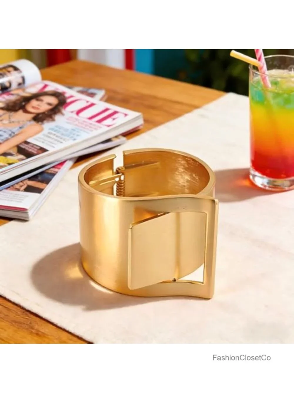 14k Gold Plated Hinged Cuff Bracelet Chunky Geometric Square Buckle